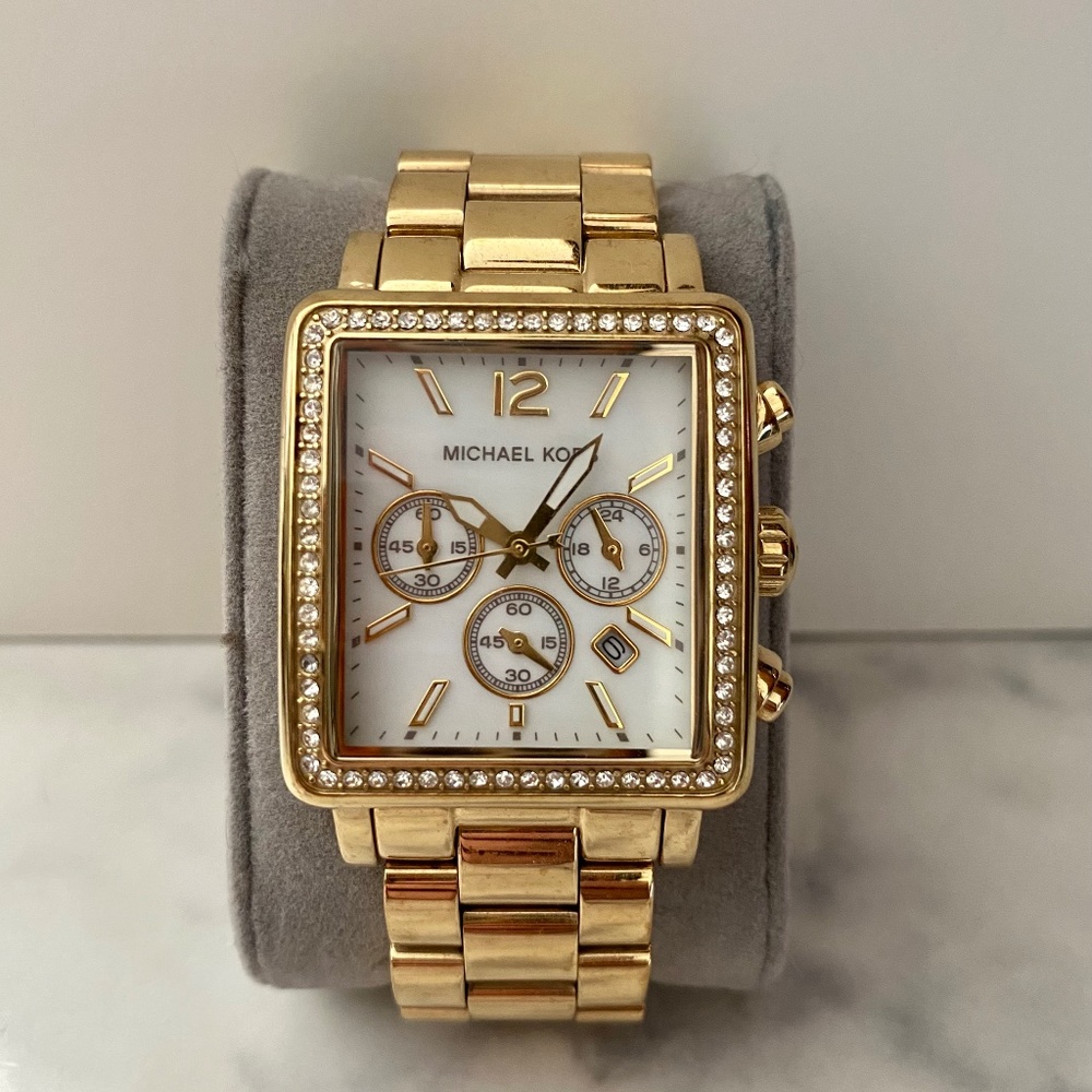 Michael Kors Gold Oversized Face (“Boyfriend Style”) Watch with Pave Rhinestones
